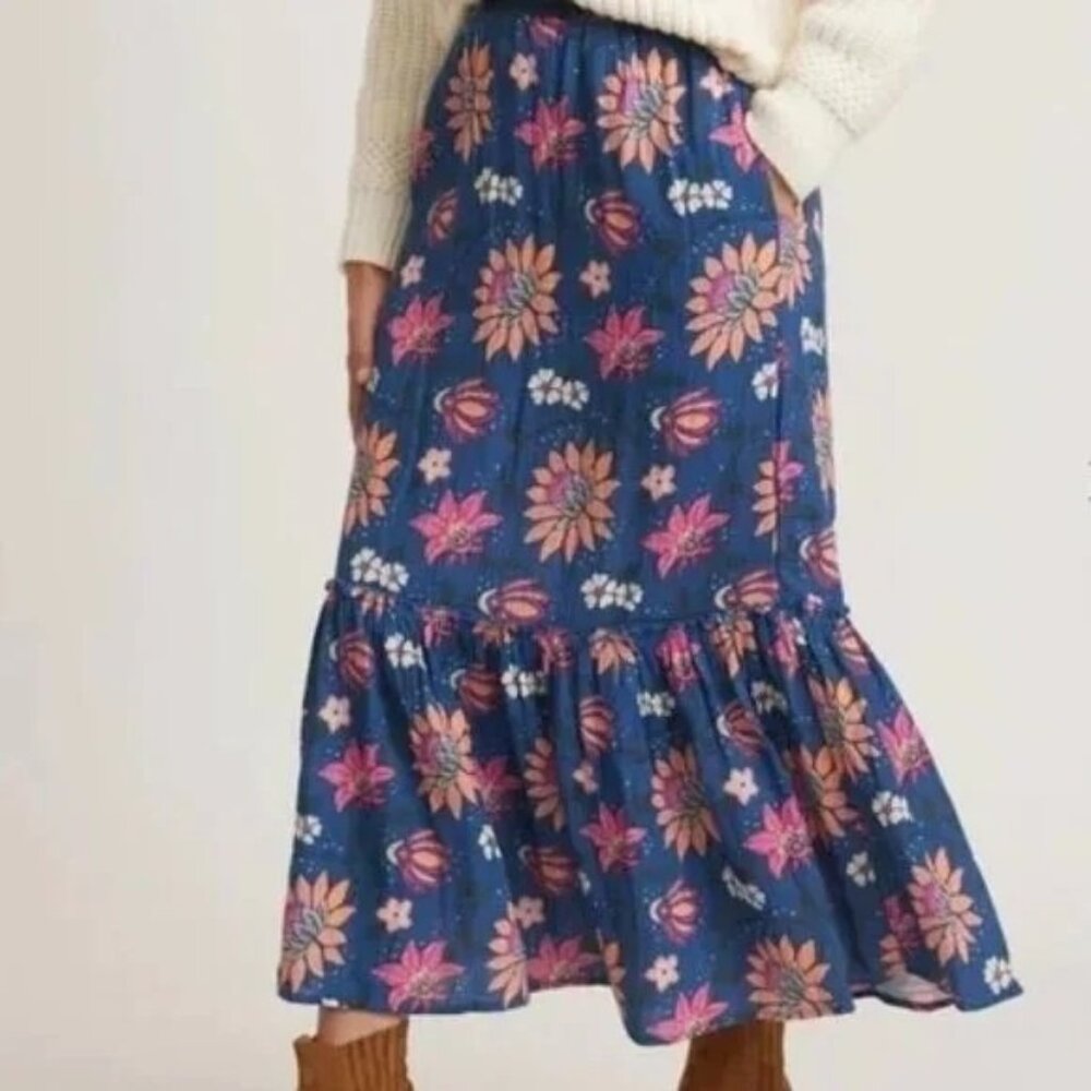 NWT Marine Layer Corinne Doublecloth Midi Skirt Sz M Blue Batik Floral Pull On